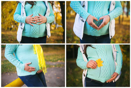 Pregnant woman collage body part autumn sunの写真素材
