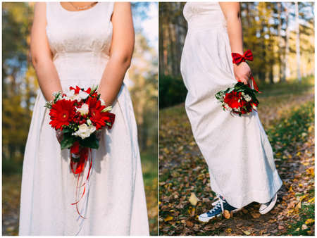 wedding bouquet in hands of the bride collage sneakersの写真素材