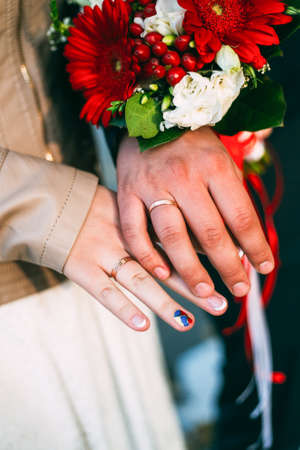 wedding hand flowers ring bouquet family marriageの写真素材