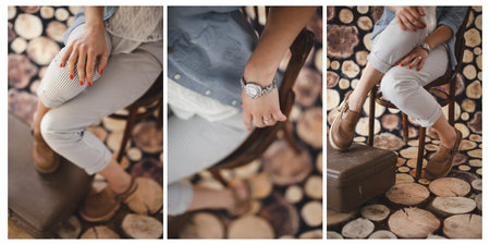 vintage accessories girl collage wood background suitcase watches shoesの写真素材