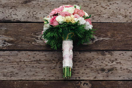 bouquet on the wooden background rain rusticの写真素材
