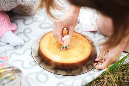 Birthday cake 1 year background nature candleの写真素材