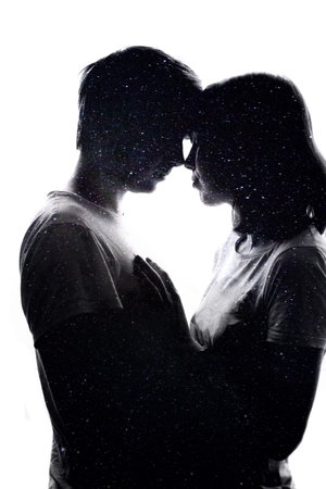 Double exposure of lovely romantic couple. Space love. White background