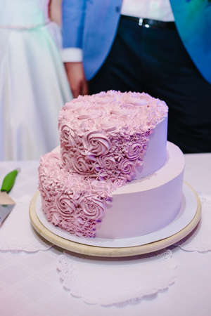 A traditional and decorative wedding cake at wedding receptionの写真素材