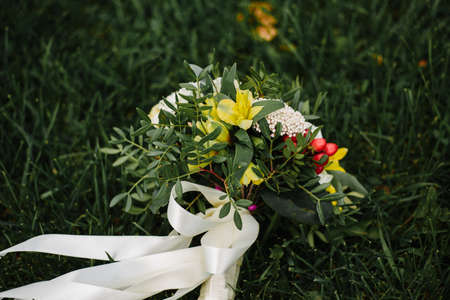 wedding bouquet and ring detail color luxury romantic backgroundの写真素材