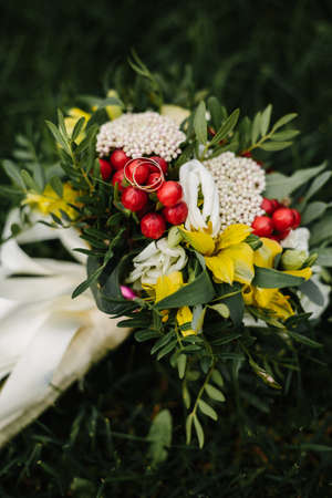 wedding bouquet and ring detail color luxury romantic backgroundの写真素材