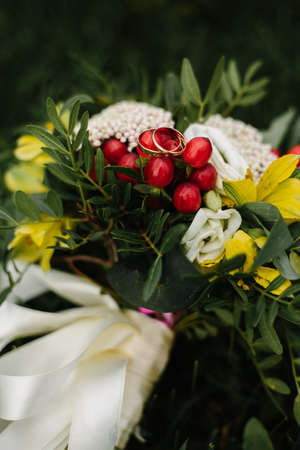 wedding bouquet and ring detail color luxury romantic backgroundの写真素材