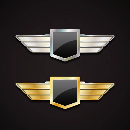 Set of gold and silver emblems with wings.のイラスト素材