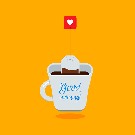 Cute Cartoon White Cup of Tea with Tea Bag on Bright Yellow Background. Vector Flat Illustration for Cards, Banners, Posters and Advertisements. Good Morning Concept.のイラスト素材