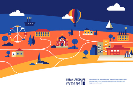 Colorful city flat illustration. Vector town icons.のイラスト素材