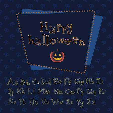 Outline bones alphabet with evil pumpkin. Cartoon vector.のイラスト素材