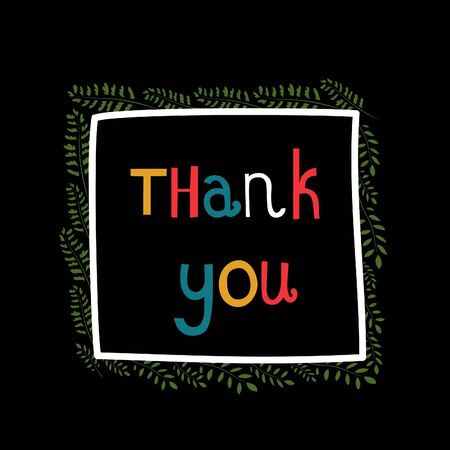 Colorful thank you phrase in a frame of branches on black backgroundのイラスト素材