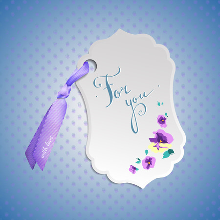 White vector tag with flowers and realistic ribbonのイラスト素材
