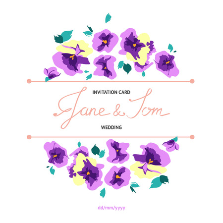 Invitation card with cartoon floral pansy bouquetsのイラスト素材