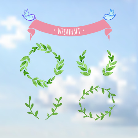 Green vectorized watercolor wreath set on sky with birds and ribbonのイラスト素材