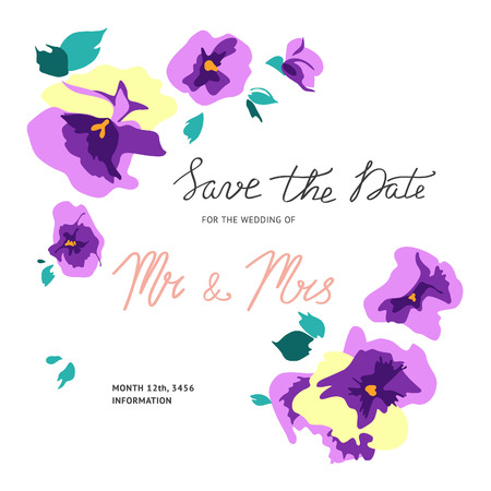 Invitation card with floral pansy bouquets. Vector floral illustration.のイラスト素材