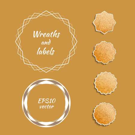 Abstract wreaths and labels vector set. Textured badges collection.のイラスト素材