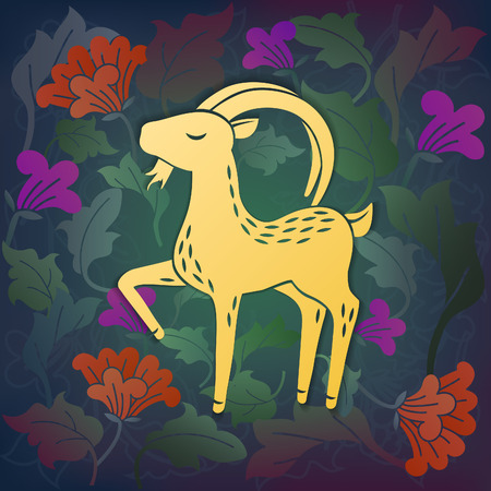 Calm goat in flowers. Cartoon vector illustrationのイラスト素材