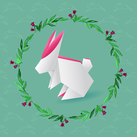 Origami paper white hare with floral wreathのイラスト素材