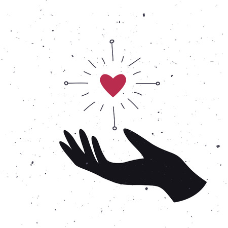 Vector silhouette of hand holding a red heart.のイラスト素材