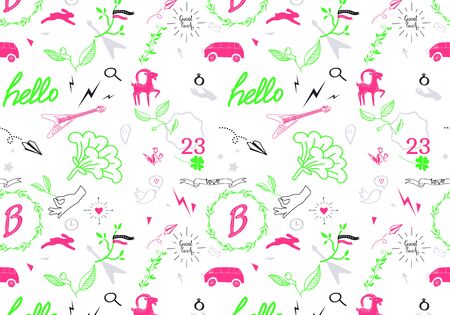Abstract seamless pattern with pink, green and black cartoon elementsのイラスト素材
