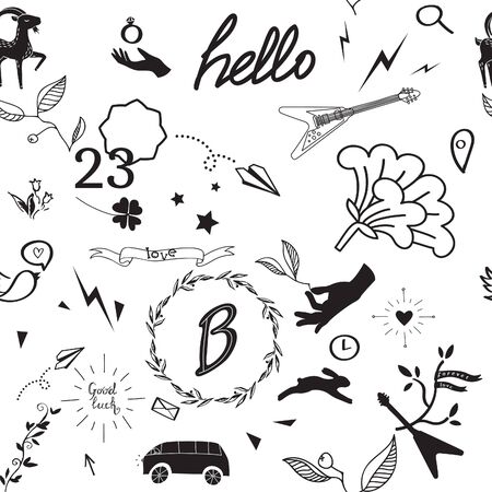 Monochrome seamless pattern with random cartoon elementsのイラスト素材