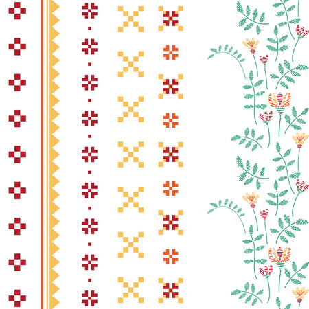 Vector embroidery illustration. National geometric  and floral  ornaments set.のイラスト素材