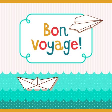 Bon voyage card. Vector retro cartoon doodle illustration with paper boat and airplane.のイラスト素材