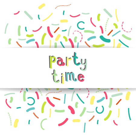 Colorful banner design with confetti and party time text. Vector illustration.のイラスト素材