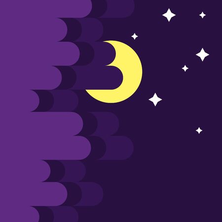 Flat night sky with clouds, moon and stars background. Vector illustration.のイラスト素材