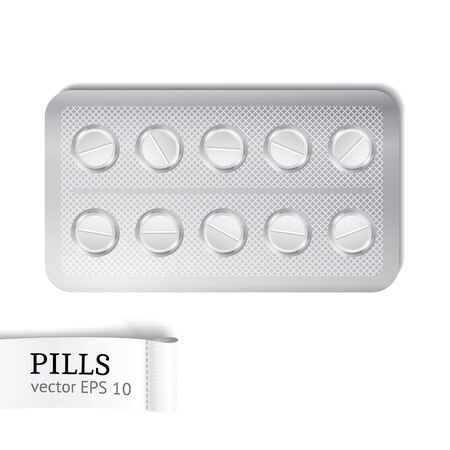 Set of the white medical pills in package. Realistic vector isolated illustration.のイラスト素材