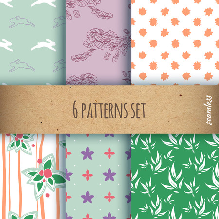 Set of the 6 cute seamless patterns for your design. Vector illustrations with hare, feathers, polka dots, flowers and berries, stripes and leaves.のイラスト素材