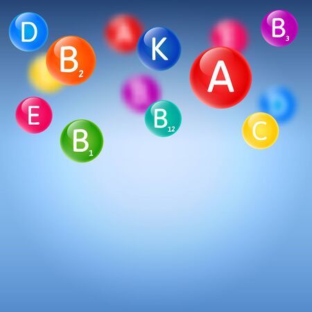 Blue blurred background with falling bubbles of rainbow colored vitamins. Vector illustration about healthcare, healthy lifestyle and useful microelements.のイラスト素材