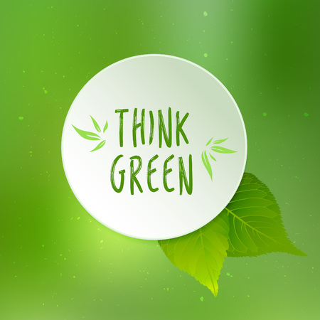 Think green vector illustration with leaves, paper cirle and blurred green backgroundのイラスト素材