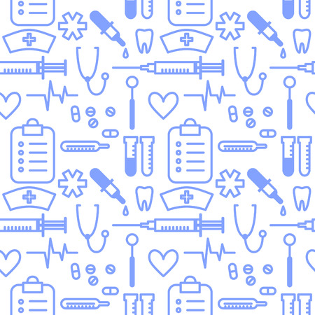 Seamless pattern with outline medical supplies. Vectpr background illustration.のイラスト素材