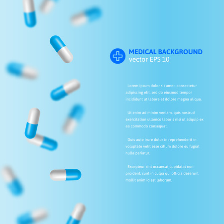 Vector medical illustration with falling blue and white colored pillsのイラスト素材