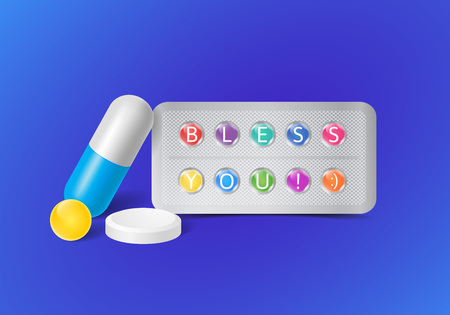 Set of the medical pills with wishes for health. Vector realistic illustrationのイラスト素材