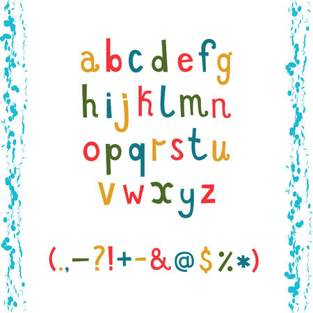 Colorful hand drawn doodle alphabet with lower case letters and  punctuation marks. Vector set.のイラスト素材