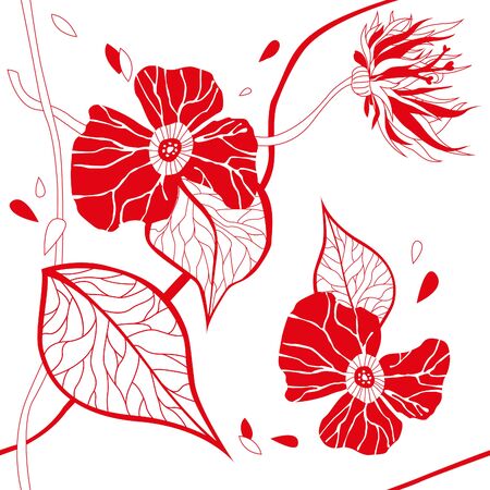 Red floral seamless pattern with seeds, flowers and leavesのイラスト素材