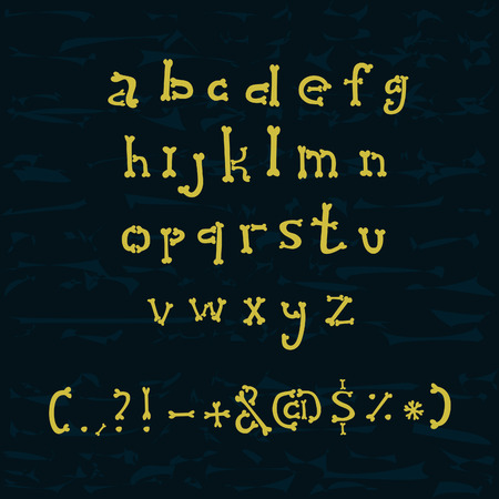 Set of hand drawn lowercase letters in the form of bones and punctuation. Vector alphabet illustration.のイラスト素材