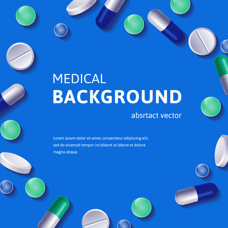 Medical background with circle posed pills and vitamins. Vector illustration.のイラスト素材