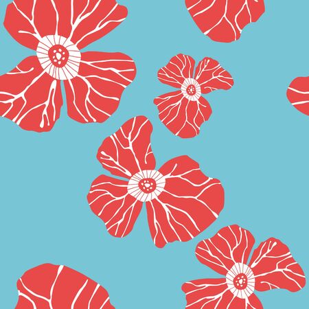 Floral seamless pattern with red poppies on blue backgroundのイラスト素材