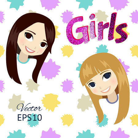 Two cute cartoon teen girls with brilliant letters. Vector illustration.のイラスト素材