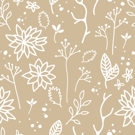 Beautiful hand drawn seamless pattern with branches, flovers and leaves. Natural vector floral background.のイラスト素材
