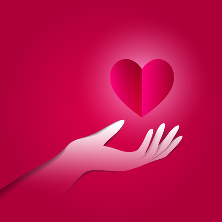 Paper hand with shiny heart. Valentine's day vector illustration card.のイラスト素材