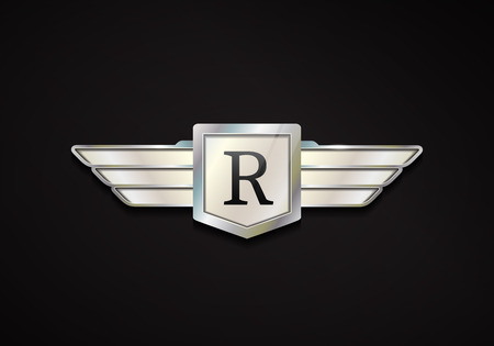 Chrome emblem with wings. 3d car vector logo.のイラスト素材