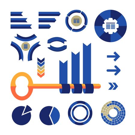 Colorful infographics set with pie charts, arrows, ribbons, diagrams and key. Vector flat for visualization your analytics.のイラスト素材