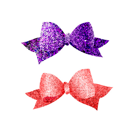 Colorful isolated shiny bows. Purple and red textured tied ribbons. Glitter vector elements.のイラスト素材