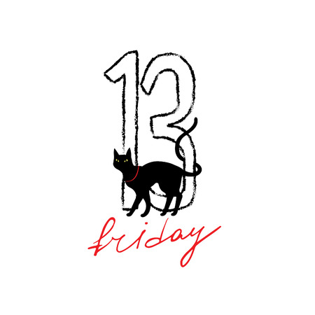 Friday 13th grunge illustration with numerals and black cat. Vector superstition mystic simbol.のイラスト素材