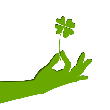 Silhouette of hand, holding four-leaf clover. Green paper illustration. Vector art on Patrick's day.のイラスト素材